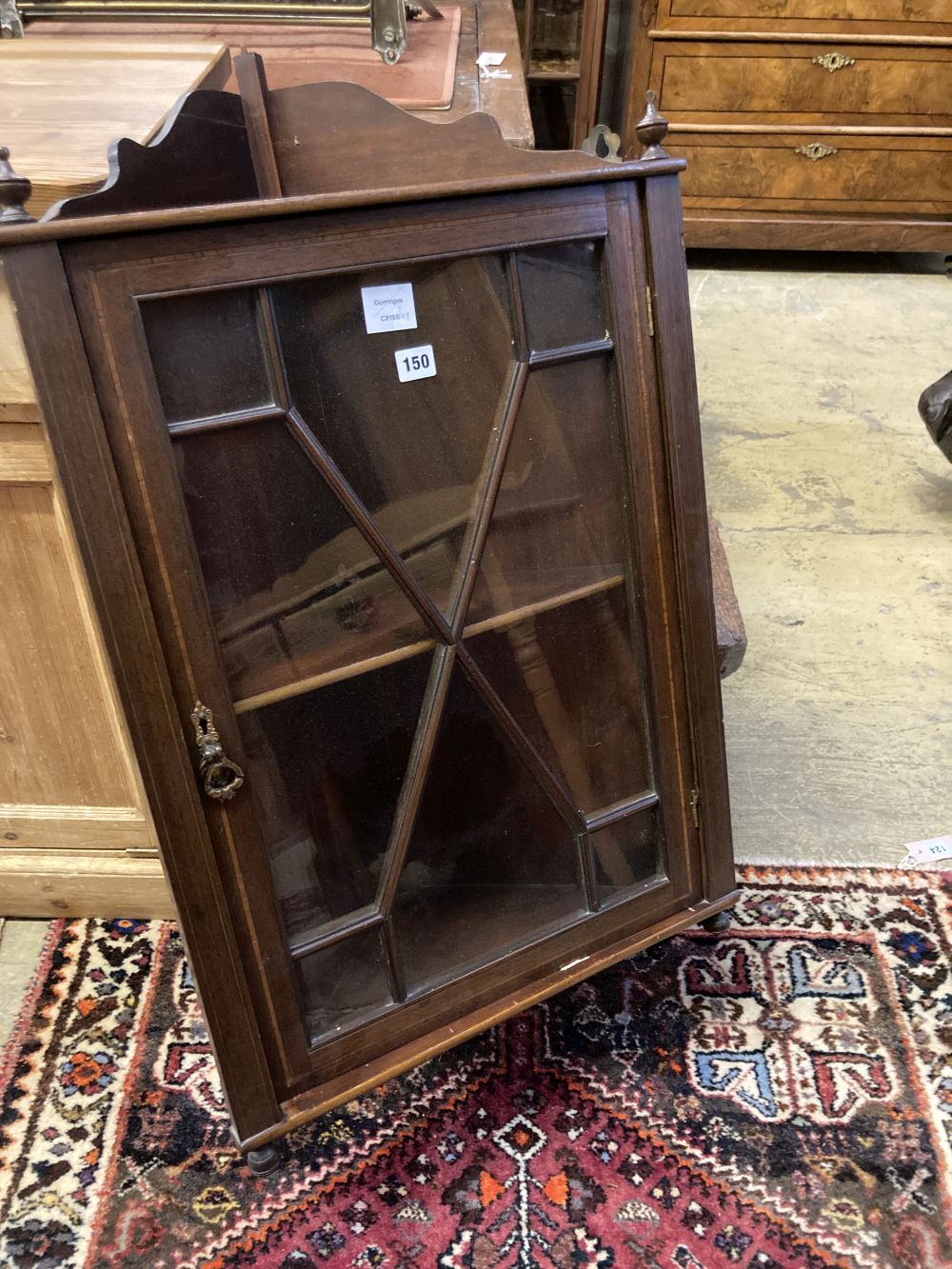 An Edwardian inlaid mahogany hanging corner cabinet, width 54cm depth 26cm height 96cm